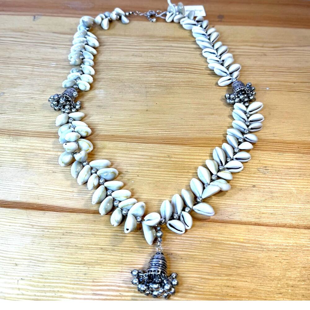 Soft Surroundings Cowrie Shell Statement Necklace Silver Tone Boho Tribal